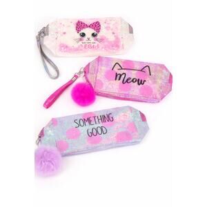 3-Piece Holographic Cat Makeup Bag Bundle Pom Pom Wristlet Cosmetic Pouches